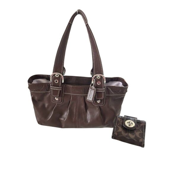 Coach Brown Leather Soho Tote Shoulder Bag and Bifold Signature Wallet Set - Picture 1 of 16
